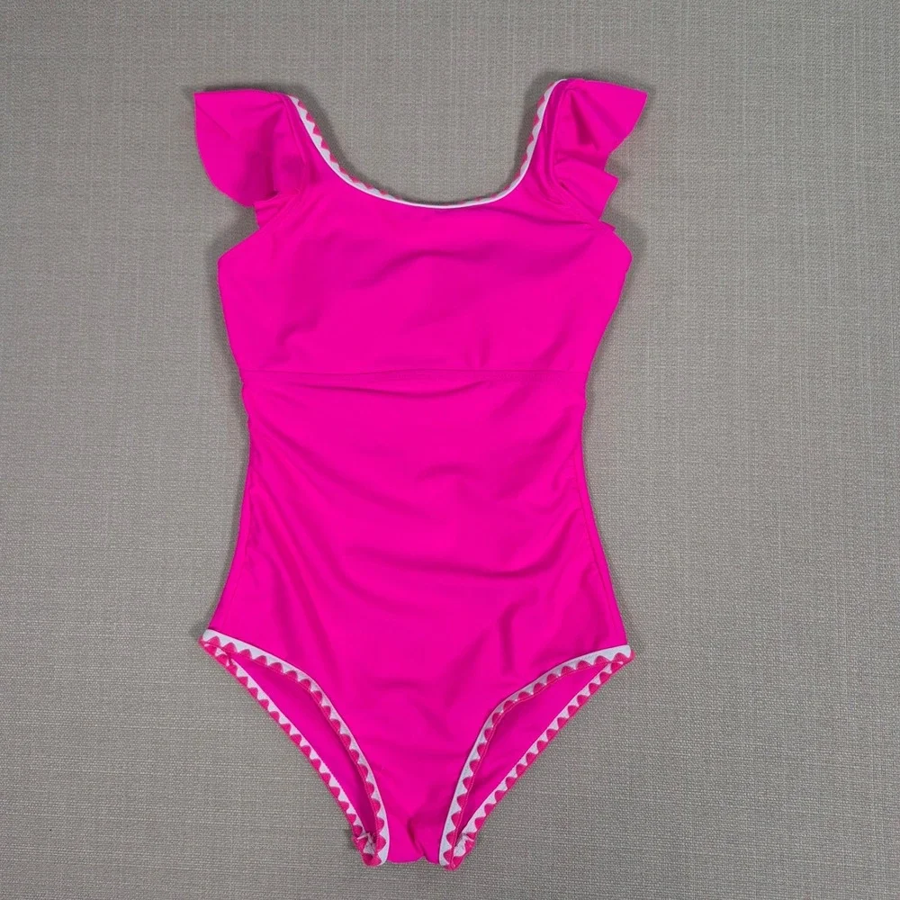 Girls Pink Ruffle One Piece Swimsuit Ric Rac Trim Size 11-12Y